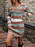 Fongt And Winter New V-Neck Color Double Pocket Knitted Sweater Dress