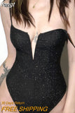 Bodysuit Women Sequins Body Black Bodysuit Y2K Sleeveless Overalls Glitter Top Women Deep V Neck Bodies Party Club