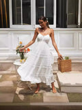 Fongt New Women's Bohemian Sling Dress Lace Splicing Big Dress