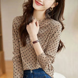 Polka Dot T-shirt Women's Clothing Stylish Bright Silk Autumn Winter Long Sleeve Korean Half High Collar Slim Pullovers-Outfit