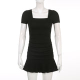 Solid Ribbed Square Collar Dress Casual Black Short Sleeve Ruffles Patchwork Mini Dresses for Women Korean Fashion Style-Outfit