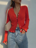 Fongt Women's Elegant V-Neck Lotus Leaf Side Details Knitted Cardigan Sweater With Buttons