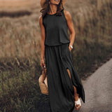 Fongt Summer New Women's Rounded Sleeveless Dress Open Multi-Colored Long