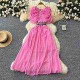 Fongt Fan Niche Design Pressure Folding Collar Button To Collect Waist Thin Temperament Medium Long Over Knee Chiffon Dress