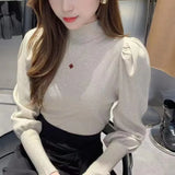 Korean Version Semi-High Round Collar Design Bubble Sleeve Knitted Sweater Autumn And Winter New Foreign Style Pullover Women's Dress-Outfit