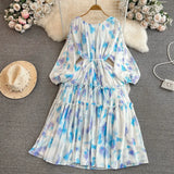 Fongt And Autumn Gentle Style Temperament Long Sleeves Low Circle To Receive The Waist Thin Long A-Word Large Pendted Dress