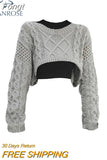 Autumn New Women Solid Color Pullover Sweater Hollow Out Knitted Long Sleeve Cropped Sweater Korean Style Casual