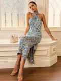 Fongt New Women's Holiday Style Hanging Neck Sling Skirt French Temperament Print Dress