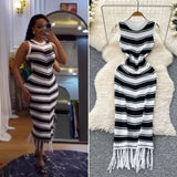 Fongt Slimming Striped Tuxedo Sweater Dress With Thin Knitted Dress Temperament Elegant