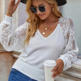 Backless Women Lace Blouse V Neck Long Sleeve Lace Stitching Shirts Sweet Spring Elegant White Woman Blouses Top