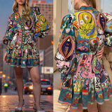 Fongt Women's Printed Round-Neck Belt Folded Lotus Leaf Side Retro Folded Dress