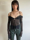 Dark Y2k Punk Mesh See Through T-shirts Women Cyber Sexy Summer Halter Tops Lace Up Techwear Black Patchwork Split