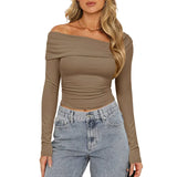 Women Basic Solid Undershirt Slash Off Shoulder Full Sleeve Shirt Shrunk Soft T-Shirt Autumn Versatile Street Daily Top-Outfit