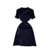 Fongt Temperament Half-High Collar Short-Sleeved Dress Female Design Button-Skinny Open Fork Medium Long Knitting Skirt