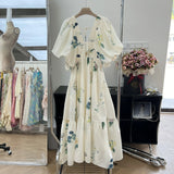 Congyuan Thousand Gold Tea Break Holiday Leisure V Collar Bubble Sleeve Print Bamboo Dress Temperament