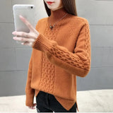 Mock Neck Ribbed Knitted Tops Women Casual Thick Warm Twist Sweaters Korean Basic All Match Bottoming Knitwear