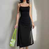 Fongt New Black Slip Dress Women's Side Waist Small Draw Pleated Waist Show Thin
