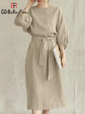 Dress Women 2023 New Cotton Linen Solid Lace Up Casual Oversize O Neck Chic Long Sleeve Midi Dresses for Women with Belt-Outfit
