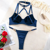 Velvet Hollow Out Halter Bra And Underwear Lingerie Set-Outfit