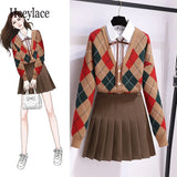 women Autumn Winter Korean Sweet 3 Piece Set Preppy Style White Blouse+Plaid Vintage Knitted Cardigan+Pleated Skirts Sets