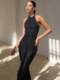 Fongt Summer New Knitted Neck Sleeveless Long Dress Solid Color Tight Sexy Bare Back Dress Woman
