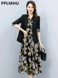 Floral Dress Suits Women Chiffon 2 Piece Sets Korean Unlined Blazer Outfits Tank Print Dresses Tracksuit Boho