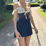 Lace Patchwork Tie Up Mini Dress-Outfit