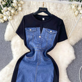 Fongt Net Red New Niche Round Collar Short Sleeve Splicing Denim Dress Women Senior Feel Waist-Wear Two Long Skirts