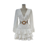 Southeast Asian Trendy Niche Sexy Deep V Folded Long Sleeves Leaking Waist Cake Skirts Solid Dress