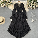 Fongt Sexy Solid Color V-Neck Pleated Flounce Flared Sleeve To The Dress-Outfit