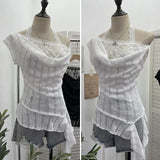 Fongt Shooting Lace Splicing Collar Hanging Neck-Sleet T-Shirt Woman Xia Repair Short Irregular Drifting Clothes 9580