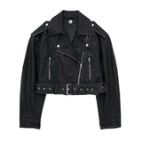 Fongt Women's ZA Autumn And Winter New Slad Zipper Belt Collar Leather PU Jacket