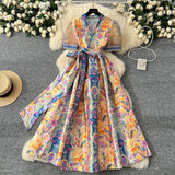 Fongt Court-Styled Dress Women Cross V-Neck Lace Blisters Long Dress