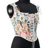 Fongt Ancient Printed Corset New French Retro Court Front Strap U Tie Leaf Printed Vest Female Wear