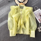 Fongt Court Style Super Fairy Collar Layer Lotus Edge Eugen Yarn Perspective Single Buckle Shirt Female Gas Top
