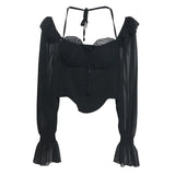 Fongt Girls Shoulder-Mounted Neck With Long-Sleeved Chindal Wooden Ear-Deared Shirt Short With Chest Cushion Top 8873
