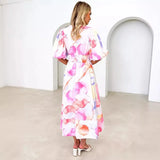 Fongt Women's Summer New Flower Print Bubble Sleeve A-Shaped Long Dress Temperament Dress