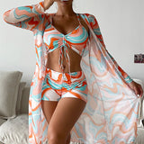 Fongt New Women's Three-Piece Bikini Mesh Gauze Blouse Gradient Print Lace Fashion Anti-Sai