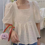 Blouse T-shirt Women Square Collar Puff Sleeve Big Hem High Waist Tops Shirts Female Casual