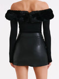 Women Long Sleeve T-shirts Tops Fur Patchwork Off-Shoulder Basic Tees Casual Pullover for Fall Spring Club Streetwear-Outfit
