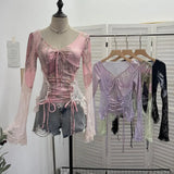 Fongt Lace Splicing Long-Sleeved T-Shirt Women's Bow Strap Hollow Irregular Blouse 6179