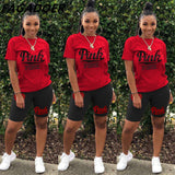 Summer New PINK Letter Print Short Sleeves Tshirt + Biker Shorts Sets Casual Two Piece Women Fashion Outfit