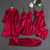 Fongt Women Summer Ice Silk Sexy Hot Home Clothes Spring And Autumn Long-Sleeved Thin Five-Piece Set