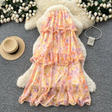 Fongt Vintage Printed Dresses Women's New Spring 2025 New Waist Temperament V-Neck Single-Rece Buckle Long Dress
