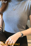 Turtleneck Summer Short Sleeve Korean Style Sweater Knitted Pullover Women Sweaters Basic Thin Tops Pull Femme Jumper