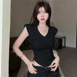 Fongt Chic Thai Design V-Neck Shoulder Short Sleeve T-Shirt Women's Curved Under The Hem To Slim Short Top