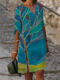 Floral Print Fashion Slim V-Neck Half Sleeve Midi