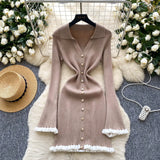 Fongt Luxury Famous Knitted Dress Woman Autumn Wooden Ear Over The Collar To Slim Beautiful Sister Mid-Long Dress