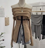 Fongt Picts Single-Layer Mesh Yarn Micro-Sleeved T-Shirt Word Shoulder-Pollid Letter Open Fork Top 1180