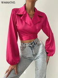 Satin Shirts Office Lady Lantern Sleeve Turn-down Collar Fall Bow Tie Women's Elegant Fashion Padded Shoulder Top